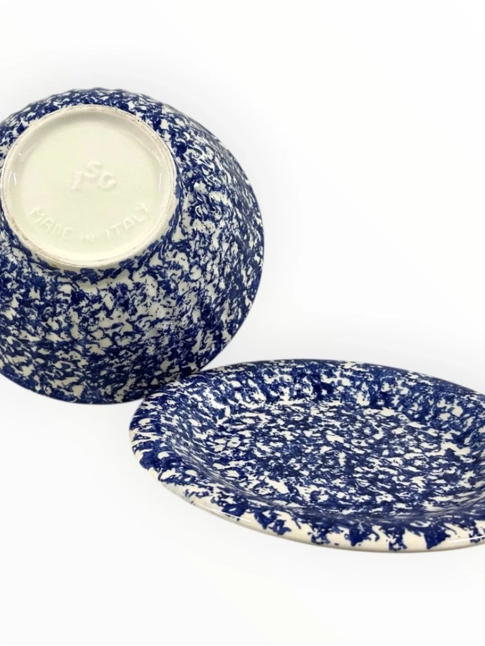 Vintage ISG Italy Blue Spongeware Pasta Bowl & Dinner Plate Set 10.5” Stoneware